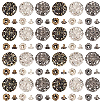 24 Sets 3 Colors Alloy Snap Buttons, Jewelry Buttons, with Brass Findings, Flat Round with Flower, Mixed Color, 30.5x9.5mm, 8 sets/color