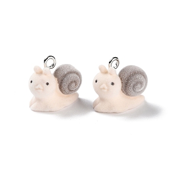 Animal Shape Flocky Resin Pendants, Cute Animal Charms with Platinum Plated Iron Loops, Snail, 17.5x20x11mm, Hole: 2mm