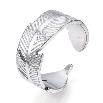 304 Stainless Steel Feather Open Cuff Ring for Women, Stainless Steel Color, US Size 8(18.1mm)