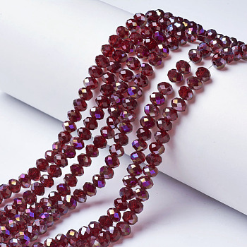Electroplate Transparent Glass Beads Strands, Half Rainbow Plated, Faceted, Rondelle, Dark Red, 4x3mm, Hole: 0.4mm, about 130pcs/strand, 16.54 inch(42cm)