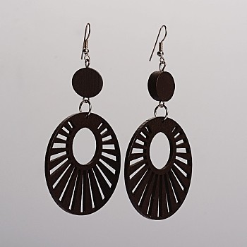 Trendy Flat Round Wood Dangle Earrings, with Platinum Plated Iron Earring Hooks, Coconut Brown, 90.5x49mm, Pin: 0.8mm