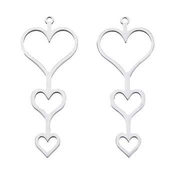 201 Stainless Steel Pendants, Three Heart Charm, Stainless Steel Color, 44.5x17.5x1mm, Hole: 1.5mm