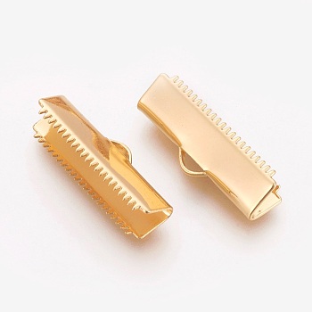 Brass Ribbon Crimp Ends, Rectangle, Real 18K Gold Plated, 7x20mm, Hole: 1x3mm