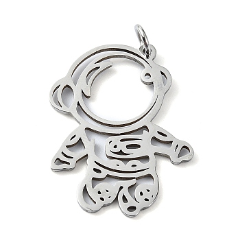 304 Stainless Steel Pendants, with Jump Rings, Laser Cut, Astronaut Charm, Stainless Steel Color, 27x20.5x1mm, Hole: 3mm