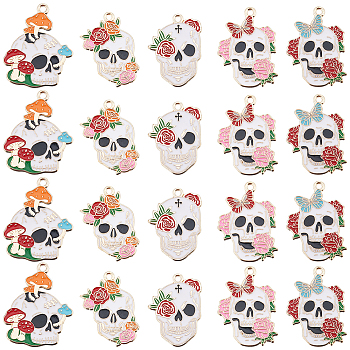 20pcs 5 style Halloween Alloy Pendants, with Enamel, Light Gold, Skull with Crow/Rose/Mushroom, Mixed Color, 28~30x20~24x1mm, Hole: 1.6~2mm, 4pcs/style