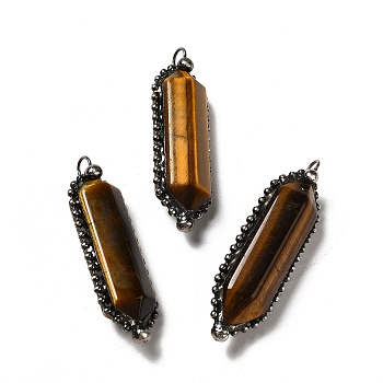 Natural Tiger Eye Big Pendants, Faceted Bullet Charms, with Antique Silver Tone Brass Chain and Stannum, Lead Free & Cadmium Free, 52~57x17~17.5x13~13.5mm, Hole: 4mm