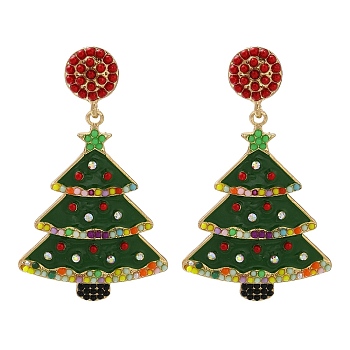 Christmas Alloy Plastic Bead Stud Earrings for Women, with Enamel, Christmas Tree, Golden, 62.5x36mm