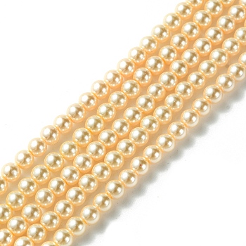 Grade A Glass Pearl Beads, Pearlized, Round, PeachPuff, 4mm, Hole: 0.7~1.1mm, about 100pcs/Strand, 16''(40.64cm)