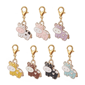 Cute Cow Alloy Enamel Pendant Decorations, Zinc Alloy Lobster Clasps Charm, Clip-on Charms, for Keychain, Purse, Backpack, Mixed Color, 30mm, 7pcs/set