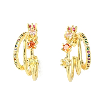 Colorful Cubic Zirconia Stud Claw with Flower Stud Earrings, Rack Plating Brass Triple Line Half Hoop Earrings for Women, Real 18K Gold Plated, 22.5x22x1.5~13.5mm, Pin: 0.7mm
