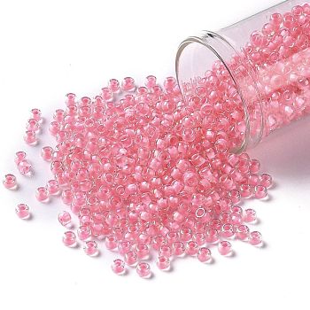 TOHO Round Seed Beads, Japanese Seed Beads, (191B) Opaque Hot Pink-Lined Rainbow Clear, 8/0, 3mm, Hole: 1mm, about 1110pcs/50g