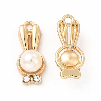 Rack Plating Eco-friendly Alloy Crystal Rhinestone Pendants, with ABS Plastic Imitation Pearl, Rabbit Head with Bowknot Charm, Golden, 20.5x9x7mm, Hole: 1.8mm