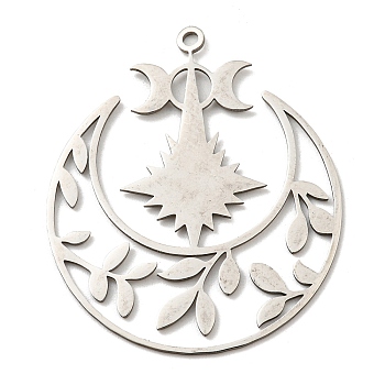 201 Stainless Steel Pendants, Laser Cut, Moon with Star & Leaf Charm, Stainless Steel Color, 42x35.5x1mm, Hole: 1.8mm
