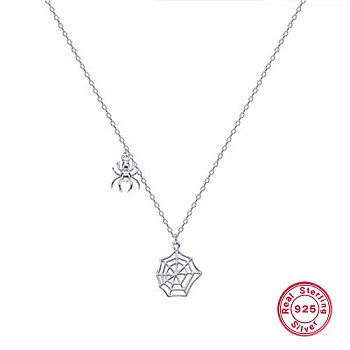 925 Sterling Silver Spider and Web Pendant Necklaces, with Cable Chains, Platinum, 15.35 inch(39cm)