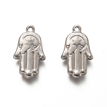 Non-Tarnish 201 Stainless Steel Pendants, Hamsa Hand/Hand of Fatima/Hand of Miriam, Stainless Steel Color, 20.5x12x3.5mm, Hole: 1.6mm