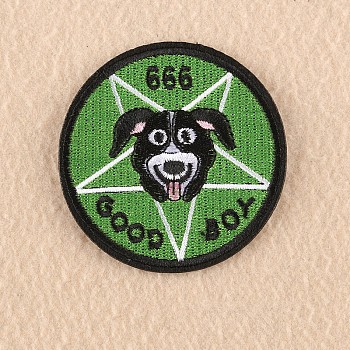 Computerized Embroidery Cloth Iron on/Sew on Puppy Patches, Costume Accessories, Appliques, Flat Round with Dog Head, Word Good Boy, Green, 7.2x7cm