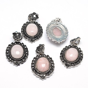 Natural Rose Quartz Gothic Pendants, with Antique Silver Plated Zinc Alloy Rhinestone Findings, Oval, Lead Free & Nickel Free, Total Length: 47~48.5mm, Hole: 5x7mm, Oval Pendant: 39~40x27~27.5x7.5~9mm