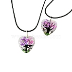 Transparent Glass with Dried Flower Tree of Life Inner Heart Pendant Black Waxed Cord Necklaces, Dark Violet, 17.72~18.11 inch(45~46cm)(FS-WG26889-02)