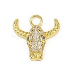 Brass Micro Pave Cubic Zirconia Pendants, Long-Lasting Plated, Cadmium Free & Lead Free, Rack Plating, Bull Head Shaped, Real 18K Gold Plated, 19.5x19x5mm, Hole: 3mm(KK-M322-26G)