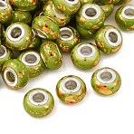 Opaque Resin Rondelle European Beads, with Gold Foill & Silver Tone Brass Double Cores, Large Hole Beads, Olive, 13.8x8.5mm, Hole: 4.5~5mm(RESI-Z046-01E)