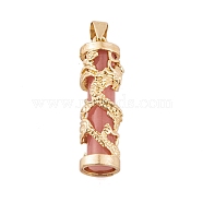 Synthetic Luminous Stone Column Pendants, Glow in the Dark, Golden Plated Alloy Gragon Wrapped Charms, Salmon, 35.5x10.5mm, Hole: 6x4.5mm(FIND-C058-01G-04)