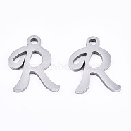 201 Stainless Steel Charms, Laser Cut, Alphabet, Stainless Steel Color, Letter.R, 12x9x1mm, Hole: 1.4mm(X-STAS-T044-217P-R)