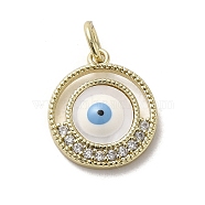 Brass Micro Pave Cubic Zirconia Pendants, with Enamel, with Jump Ring, Real 18K Gold Plated, Flat Round with Evil Eye, White, 17.5x15x3mm, Hole: 3.8mm(KK-E092-16G-04)