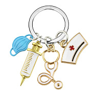 Mask & Nurse Cap & Injection Syringe & Stethoscope Enamel Pendant Keychain, Medical Theme Alloy Keychain, Dodger Blue, 6.2cm(KEYC-YW0001-09D)