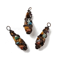 Natural Tiger Eye Pointed Big Pendants, Faceted Bullet Charm, with Red Copper Tone Brass Findings and Mixed Chip Stones, Cadmium Free & Lead Free, 51~55x15~17x17~19mm, Hole: 5~6mm(G-G860-03R-05)