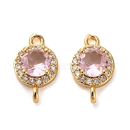 Brass Pave Cubic Zirconia Connector Charms, Flat Round Links, Real 18K Gold Plated, Pink, 14.5x9x5mm, Hole: 1.5mm(KK-D093-09G-06)