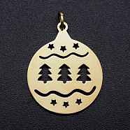 201 Stainless Steel Pendants, with Unsoldered Jump Rings, Flat Round with Christmas Tree, Golden, 25x20x1mm, Hole: 3mm, Jump Ring: 5x0.8mm(STAS-T046-JA339-2)