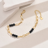 Fashionable Vintage Brass Oval & Glass Faceted Rondelle Beaded Anklets, Real 18K Gold Plated, Black, 8-5/8 inch(220mm)(ZC8020-7)