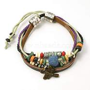 Lava Rock Beads Bracelets, Waxed Cotton Cord with Alloy Findings and Wood Beads, Steel Blue, 48mm(X-BJEW-D264-01)