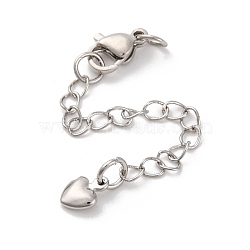 Brass Ends with Chain, Long-Lasting Plated, with 304 Stainless Steel Lobster Clasp, Heart, Platinum, 75mm, Heart: 7.5x5.5mm(KK-C071-16A-P)