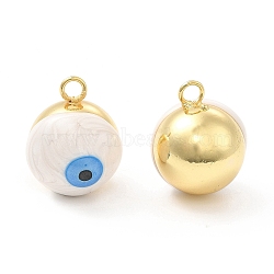 Brass Pendants, with Enamel, Real 18K Gold Plated, Long-Lasting Plated, Round with Evil Eye, White, 17.5x14x14.5mm, Hole: 3mm(KK-E075-04G-04)