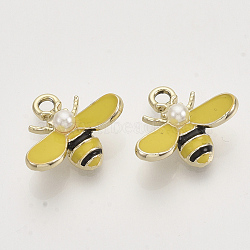 Alloy Enamel Pendants, with ABS Imitation Pearl Plastic Beads, Light Gold, Bee, Yellow, 15x17.5x6mm, Hole: 2mm(X-ENAM-S119-010B)