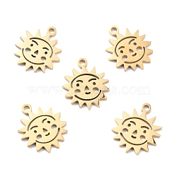201 Stainless Steel Charms, Laser Cut, Manual Polishing, Sun with Face, Golden, 14x12x1mm, Hole: 1.4mm(STAS-D176-05G)