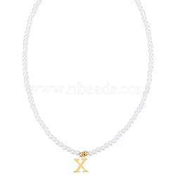 Imitation Pearl with Stainless Steel Pendants Necklaces, Lead Free & Nickel Free & Cadmium Free, Letter, Letter X, 15.83~16.22 inch(40.2~41.2cm), end extender: 48~51mm long, pendants: 12.5x11mm(NJEW-LP0001-51X-G)