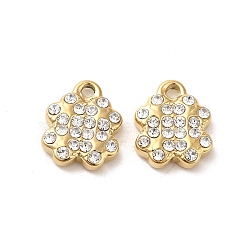 304 Stainless Steel Charms, with Rhinestone, Clover, Real 18K Gold Plated, 12x10x2.7mm, Hole: 1.6mm(STAS-L025-007G)