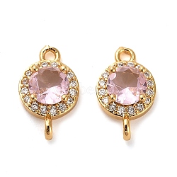 Brass Pave Cubic Zirconia Connector Charms, Flat Round Links, Real 18K Gold Plated, Pink, 14.5x9x5mm, Hole: 1.5mm(KK-D093-09G-06)