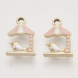 Light Gold Plated Alloy Charms, with Enamel and ABS Plastic Imitation Pearl, Umbrella with Bird, Pink, 14.5x10x2.5mm, Hole: 1.6mm(ENAM-T009-44C)