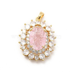 Brass Micro Pave Clear Cubic Zirconia Pendants, with Pink Glass,  Oval Charm, Real 18K Gold Plated, 38x23x8mm, Hole: 4.5x2.5mm(KK-I695-071G)