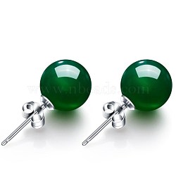 Round Imitation Jade Beads Stud Earrirngs for Girl Women, Brass Earrings, Green, Platinum(EJEW-BB46205-A)