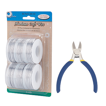 BENECREAT Round Aluminum Wire, with Iron Side Cutting Pliers, Silver, 12 Gauge, 2mm, 5.8m/roll, 6 rolls