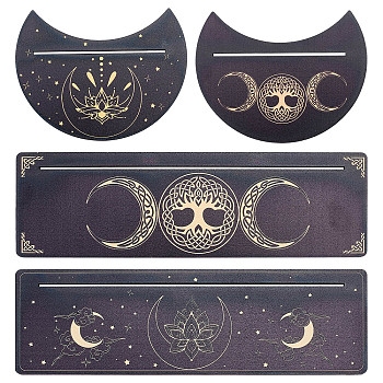 4Pcs 4 Style Carved Wood Candle Holders, Wooden Card Stand for Tarot, Witch Divination Tools, Moon-shaped & Rectangle, Black, Moon Pattern, 130~254x100~76.2x5mm, 1pc/style