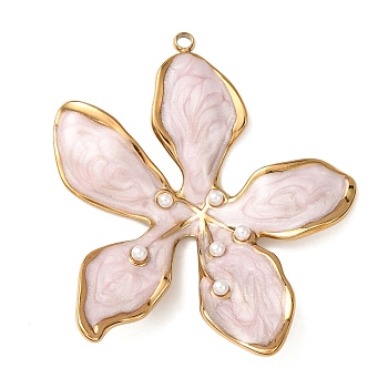 304 Stainless Steel Enamel Pendants, Flower Charms, with Plastic Pearl, Golden, 44x40x6.5mm, Hole: 1.8mm