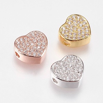 Brass Micro Pave Cubic Zirconia Beads, Heart, Clear, Mixed Color, 9x9.5x4mm, Hole: 1.2mm