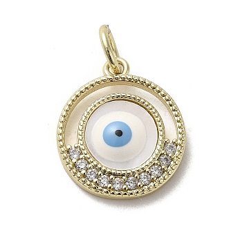 Brass Micro Pave Cubic Zirconia Pendants, with Enamel, with Jump Ring, Real 18K Gold Plated, Flat Round with Evil Eye, White, 17.5x15x3mm, Hole: 3.8mm