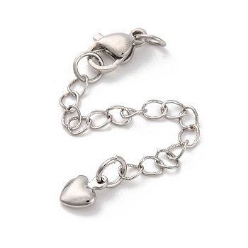 Brass Ends with Chain, Long-Lasting Plated, with 304 Stainless Steel Lobster Clasp, Heart, Platinum, 75mm, Heart: 7.5x5.5mm