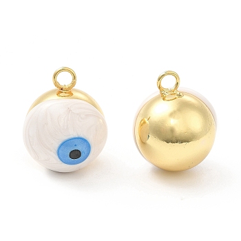 Brass Pendants, with Enamel, Real 18K Gold Plated, Long-Lasting Plated, Round with Evil Eye, White, 17.5x14x14.5mm, Hole: 3mm